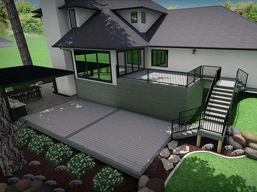 A three-dimensional design shows plans for a home with a raised patio and stairs leading down to a paved patio and seating area.