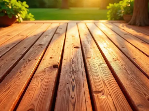 A richly colored and textured cedar deck looks out onto a green grassy lawn.