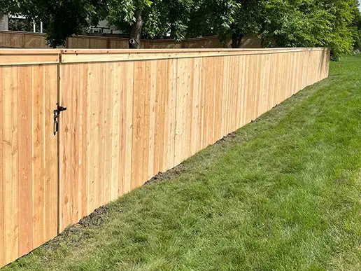 A wooden fence runs along the side of a grassy lawn.